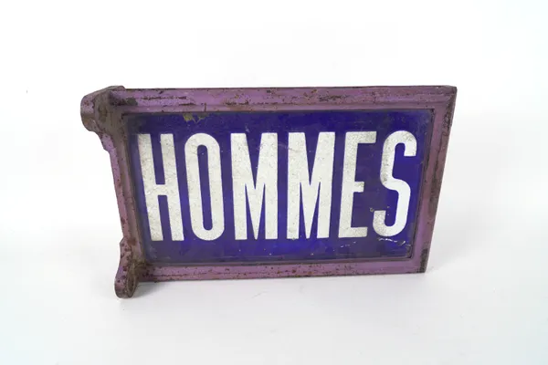 HOMMES, A MID 20TH CENTURY CAST IRON AND ENAMEL DOUBLE SIDED WALL MOUNTED SIGN