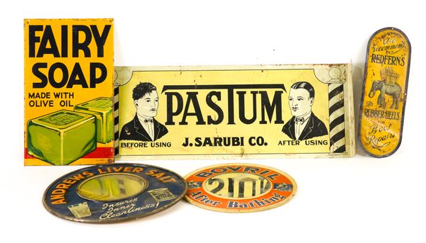 A GROUP OF FIVE EARLY 20TH CENTURY TIN ADVERTISING SIGNS (5)