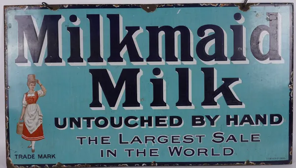 MILKMAID MILK “UNTOUCHED BY HAND”, AN ENAMEL SIGN