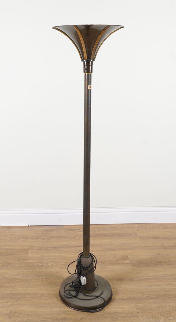 A MID 20TH CENTURY BRASS UPLIGHTER STANDARD LAMP WITH FLARED TOP