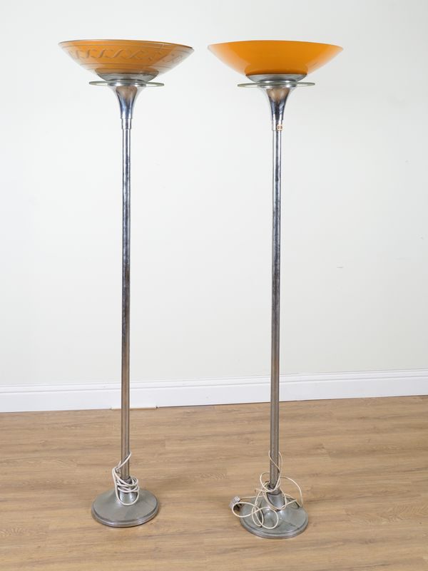 A PAIR OF MID 20TH CENTURY CHROME AND GLASS UPLIGHTER STANDARD LAMPS (2)