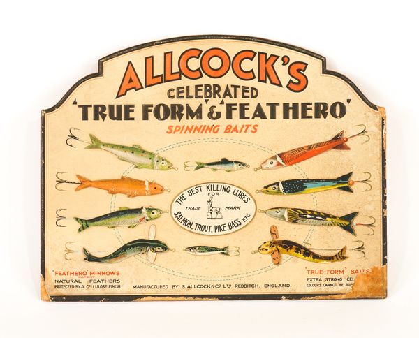 ALLCOCK’S “TRUE FORM & FEATHERO SPINNING BAITS”, A CARD SIGN