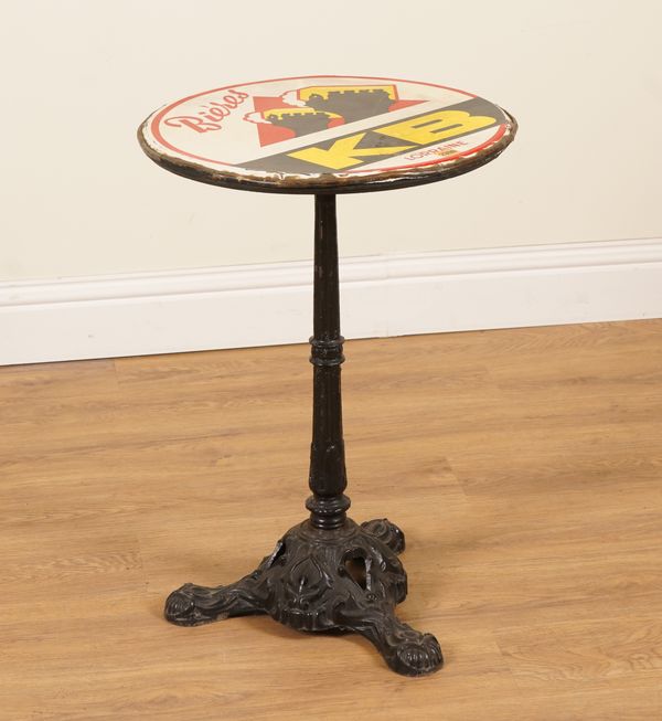 A VICTORIAN STYLE CAST IRON TABLE WITH LATER ENAMELLED CIRCULAR TOP