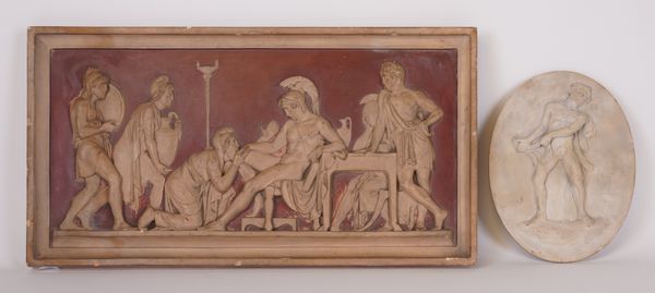 PETER IPSEN (DANISH 1815-1860);  A PAINTED TERRACOTTA RELIEF PANEL AND A RELIEF OVAL PLAQUE OF HERCULES (2)