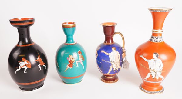 A GROUP OF FOUR ENGLISH ESTRUSCAN STYLE VASES; TWO THE DEER HUNT, VICTORIAN HILL POTTERIES COMPANY (4)