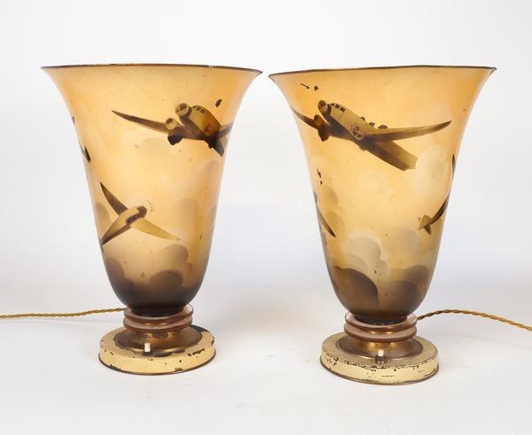 A PAIR OF FRENCH AVIATION GILT DECORATED TOLE UPLIGHTER TABLE LAMPS (2)