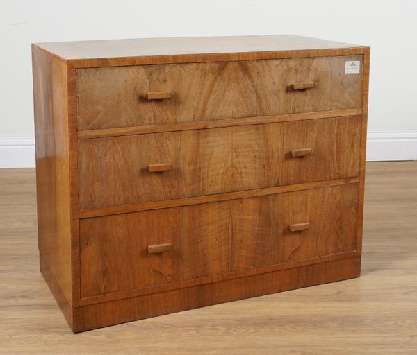 A HEALS STYLE MID 20TH CENTURY WALNUT THREE DRAWER CHEST