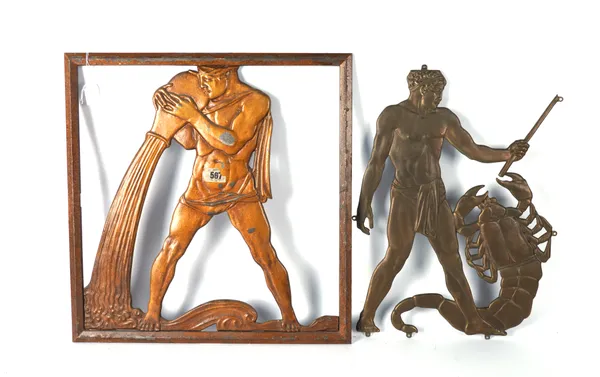 C.A. LLEWELLYN-ROBERTS: THREE GILT BRASS AND METAL ALLOY ‘ZODIAC' PANELS DESIGNED FOR THE SELFRIDGES LIFT CIRCA 1928 (4)