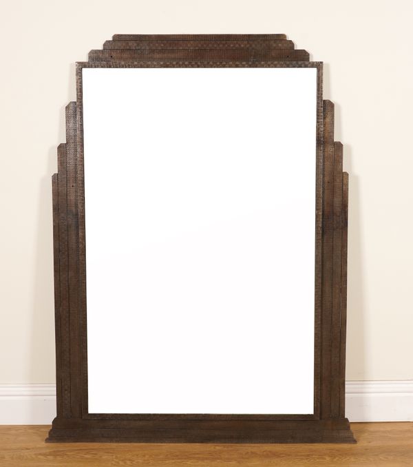 A MID 20TH CENTURY WROUGHT-IRON FRAMED OVERMANTEL WALL MIRROR