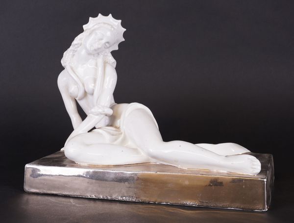 NELLY POLLAK: ‘LE MORT D CLEOPATRA’ SILVERED AND ENAMELLED EARTHENWARE SCULPTURE