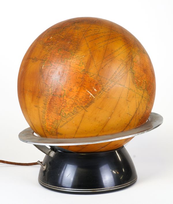 JOSEPH LUCAS; AN ART DECO GLOBE TABLE LAMP ON CHROME AND BAKELITE BASE