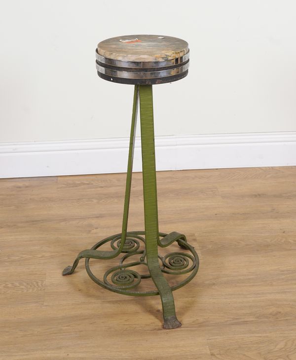 A MID 20TH CENTURY GREEN PAINTED WROUGHT IRON AND CIRCULAR MARBLE TOPPED JARDINIERE STAND