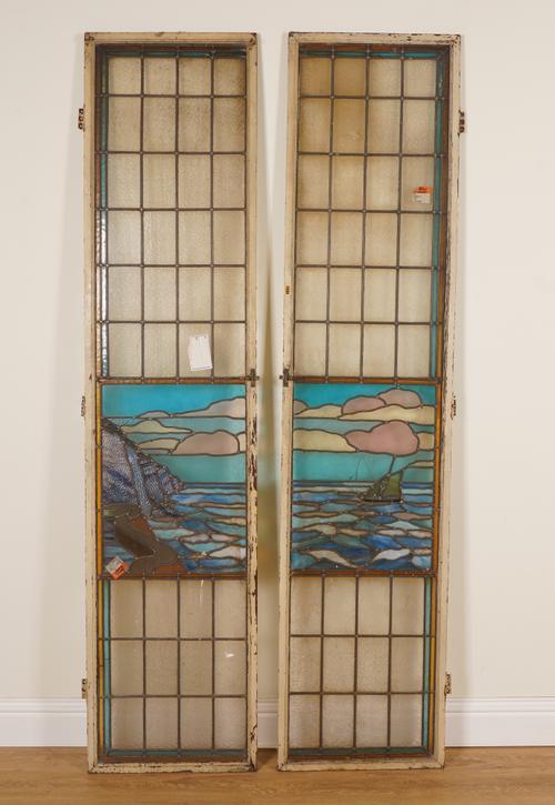 TWO EARLY 20TH CENTURY STAINED GLASS RECTANGULAR PANELS (2)