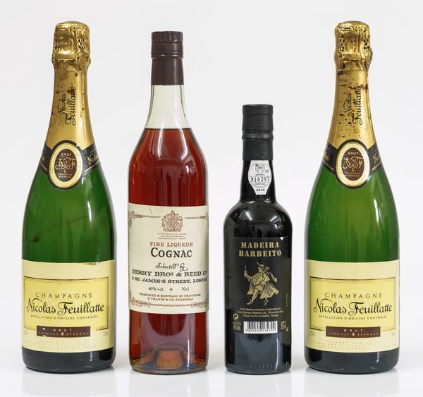 TWO BOTTLES OF NICHOLAS FEUILATTE CHAMPAGNE, A BOTTLE OF BERRY BROS COGNAC 70CL AND A BOTTLE OF MADEIRA BARBEITO 37.5CL (4)