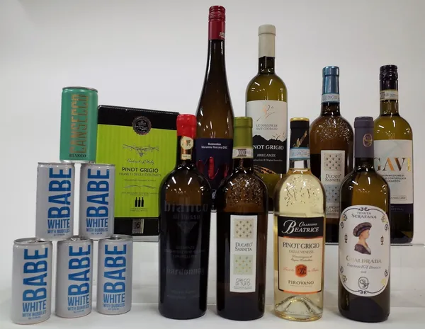 8 BOTTLES ITALIAN WHITE WINE, BOX AND CANS