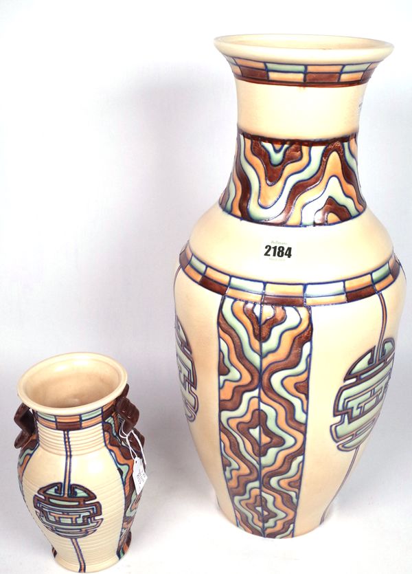 A TALL ROYAL CAULDON OVOID VASE BY EDITH GATER AND A SMALLER SIMILAR TWO-HANDLED VASE (2)