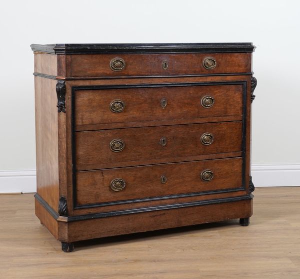 A 19TH CENTURY FRENCH MARBLE TOPPED FRUITWOOD FOUR DRAWER COMMODE