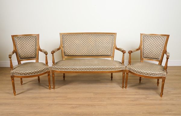 A LOUIS XVI STYLE GILT FRAMED SALON SUITE (3)