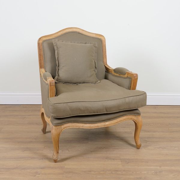 OKA; A LOUIS XV STYLE BLEACHED OAK FRAMED EASY ARMCHAIR