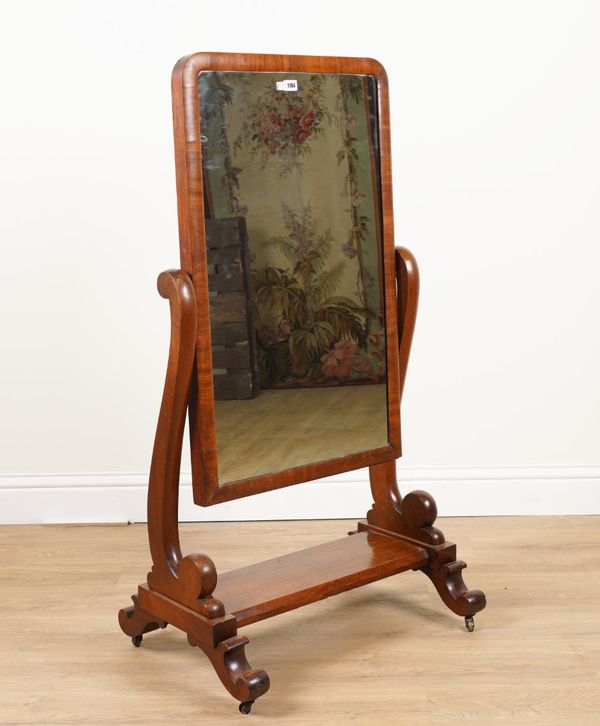 WITHDRAWN A 19TH CENTURY MAHOGANY FRAMED CHEVAL MIRROR ON SCROLL SUPPORTS