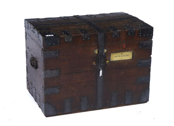 A 19TH CENTURY METAL BOUND OAK SILVER TRUNK