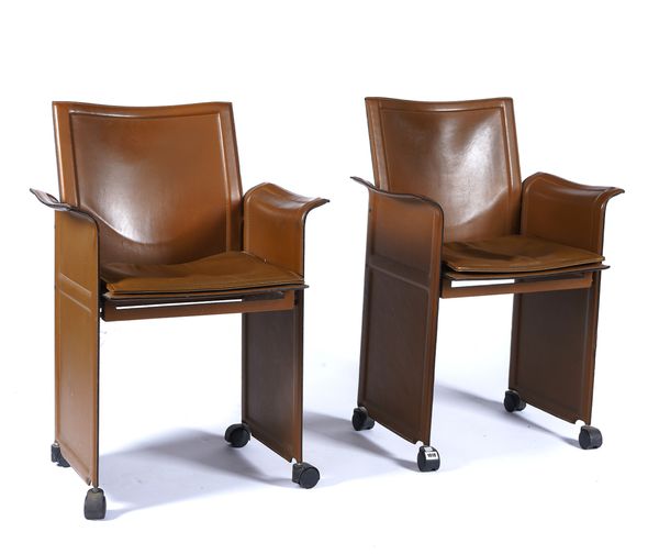 ‘MATTEO GRASSI ITALY;  A PAIR OF MODERN TAN LEATHER ARMCHAIRS (2)