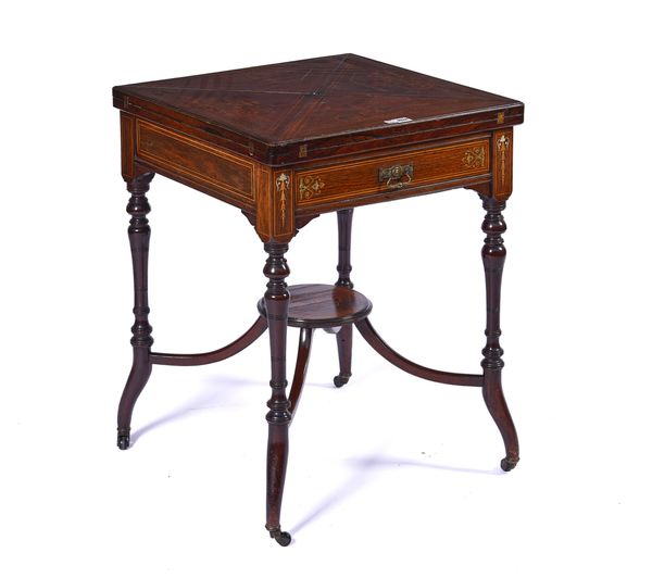 AN EDWARDIAN MARQUETRY INLAID ROSEWOOD ENVELOPE CARD TABLE