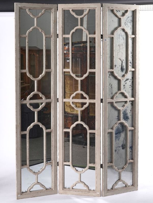 A MODERN MIRRORED AND ASTRAGAL GLAZED WHITE PAINTED THREE FOLD DRAUGHT SCREEN