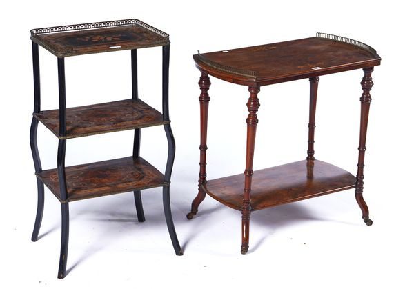 A VICTORIAN MARQUETRY INLAID WALNUT TWO-TIER WHATNOT (2)