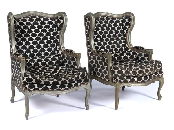 A PAIR OF LOUIS XVI STYLE SMALL WINGBACK ARMCHAIRS