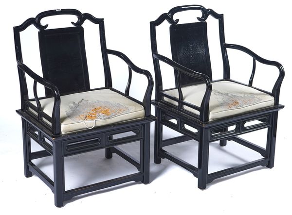 BALDI; A PAIR OF CHINESE STYLE EBONISED OPEN ARMCHAIRS (2)