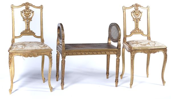 A LOUIS XVI STYLE GILT AND BERGERE WINDOW SEAT (3)