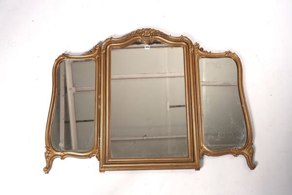 AN EARLY 20TH CENTURY GILT FRAMED TRIPTYCH DRESSING TABLE MIRROR