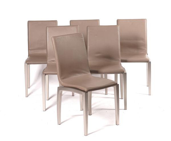 BOCONCEPT; A SET OF SIX METAL AND LEATHER SQUARE BACK DINING CHAIRS (6)