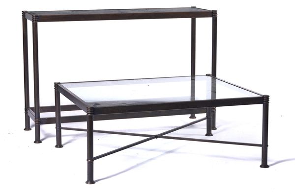 OKA; A METAL AND GLASS RECTANGULAR COFFEE TABLE (2)