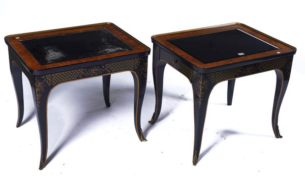 DREXEL; A PAIR OF PARCEL GILT, EBONISED AND BURR WOOD RECTANGULAR OCCASIONAL TABLES (2)