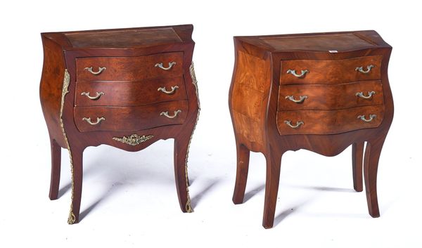 A NEAR PAIR OF LOUIS XV STYLE BOMBE THREE DRAWER COMMODES, (2)