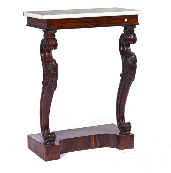 A VICTORIAN ROSEWOOD AND MARBLE MOUNTED CONSOLE TABLE