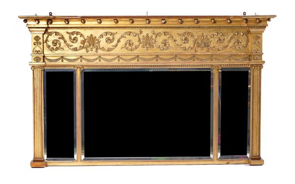 A REGENCY STYLE GILT FRAMED OVERMANTEL MIRROR