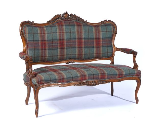 A LOUIS XV STYLE CARVED WALNUT FRAMED OPEN ARM SOFA