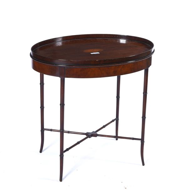 A GEORGE III STYLE INLAID MAHOGANY TRAY TOP OVAL OCCASIONAL TABLE