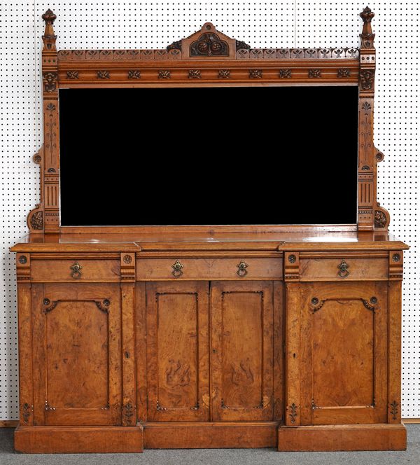 A VICTORIAN POLLARD OAK GOTHIC REVIVIAL SIDEBOARD