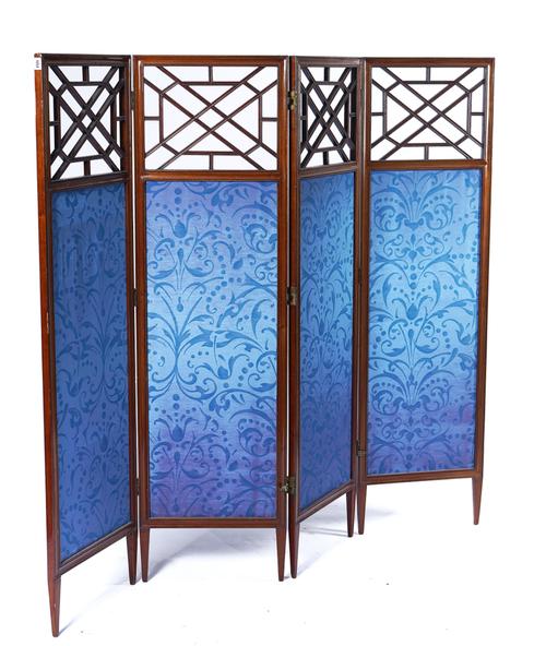 AN EDWARDIAN MAHOGANY FOUR FOLD PRIVACY SCREEN
