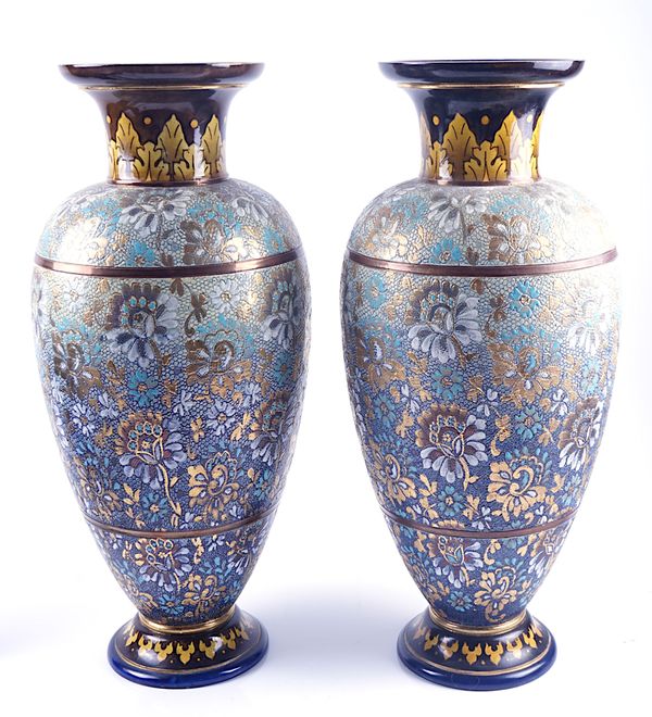 A TALL PAIR OF DOULTON & SLATERS PATENT VASES (2)