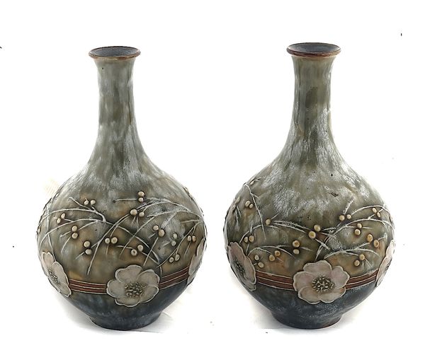 A PAIR OF ROYAL  DOULTON STONEWARE BOTTLE VASES BY ELIZA SIMMANCE (2)