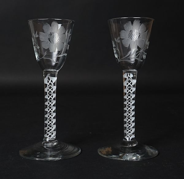 A PAIR OF OPAQUE TWIST WINE GLASSES (2)