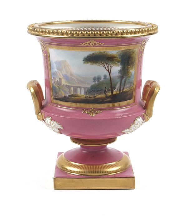 A ROYAL WORCESTER PINK-GROUND TWO-HANDLED CAMPANA VASE BY HARRY DAVIS