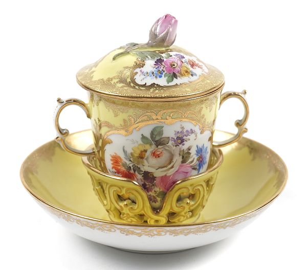 A MEISSEN YELLOW-GROUND CHOCOLATE CUP, COVER AND TREMBLEUSE SAUCER (3)