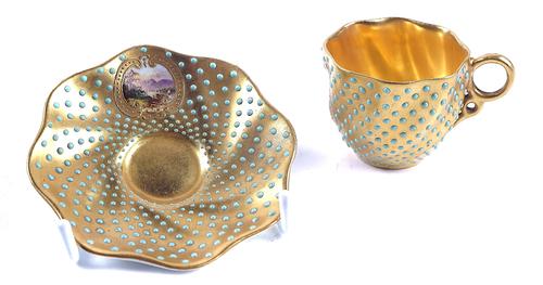 A SMALL COALPORT BONE CHINA `JEWELLED' COFFEE CUP AND SAUCER (2)