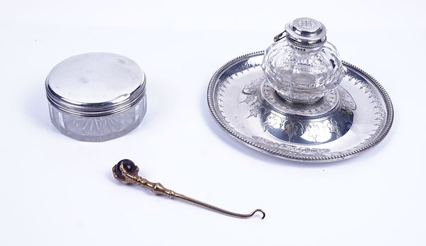 A VICTORIAN SILVER AND GLASS INKSTAND AND TWO FURTHER ITEMS (3)